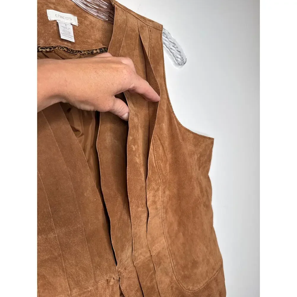Chico’s Suede Leather Vest Brown Scalloped Hem western cowgirl Size 1 Medium